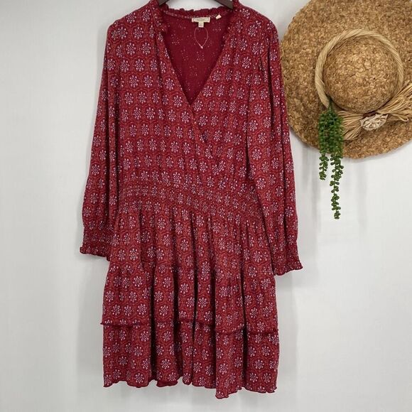 Fat Face Sz 12 Amba Craft Geo Jersey Dress Tiered Wrap Smocked Pullover Raspberr - Picture 2 of 15